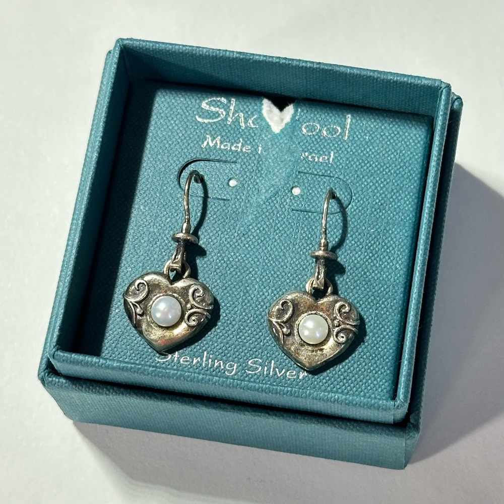 NWT Shablool Sterling Pearl Heart Earrings Fairycore Cottagecore Romantic